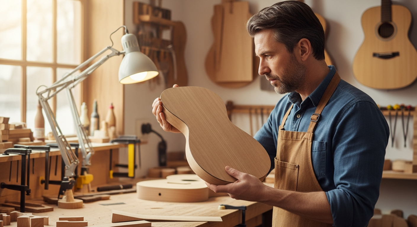 Un luthier examine attentivement une pièce de bois d'aulne dans son atelier.