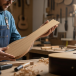 A luthier inspects a piece of alder wood in a workshop.