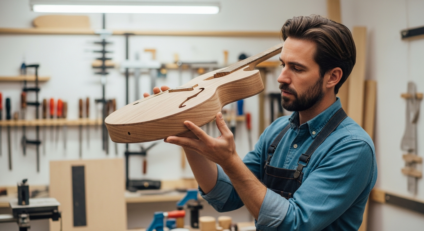 Un luthier examine attentivement le corps d'une guitare en frêne dans un atelier lumineux.