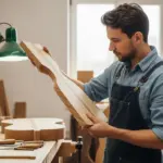 Un luthier examine attentivement un morceau de frêne dans son atelier.