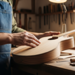 Un luthier examine attentivement une caisse de guitare en tilleul dans son atelier.