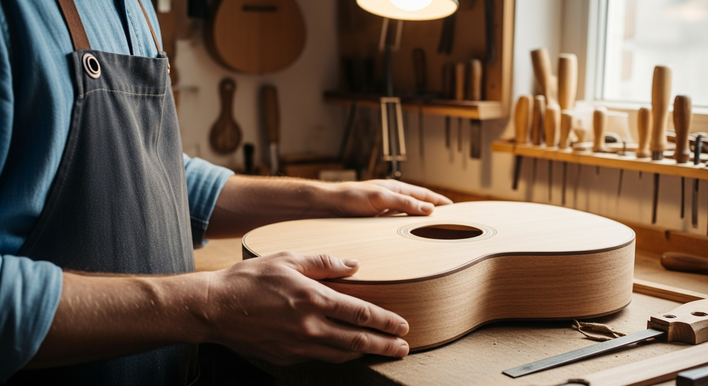 Un luthier examine attentivement le corps d'une guitare en tilleul dans son atelier.