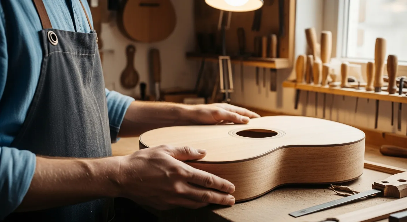 Un luthier examine attentivement le corps d'une guitare en tilleul dans son atelier.