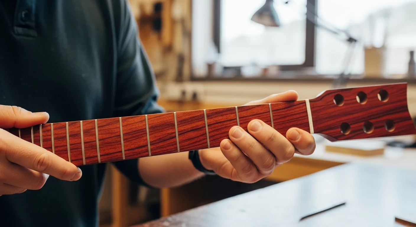 Un luthier examine attentivement un manche de guitare en Bloodwood dans son atelier.