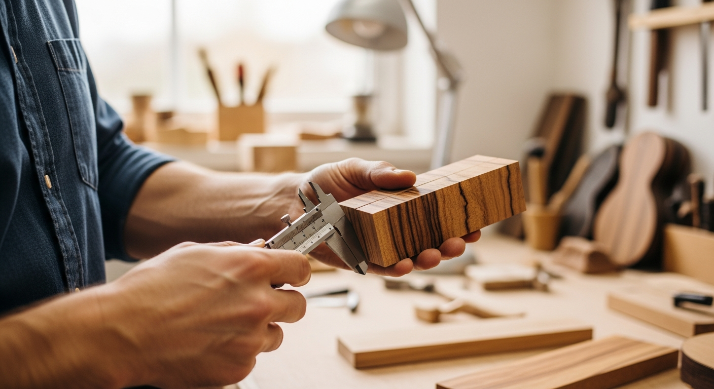Un luthier examine attentivement un morceau de bois de bocote dans un atelier, mettant en évidence les motifs de grain du bois.