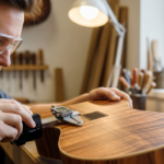 Un luthier examine attentivement un morceau de bois de bocote dans un atelier, mettant en évidence ses motifs de grain distinctifs.