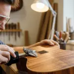 Un luthier examine attentivement un morceau de bois de bocote dans un atelier, mettant en évidence ses motifs de grain distinctifs.