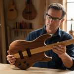 Un luthier examine un corps de basse en bois de bubinga dans son atelier.