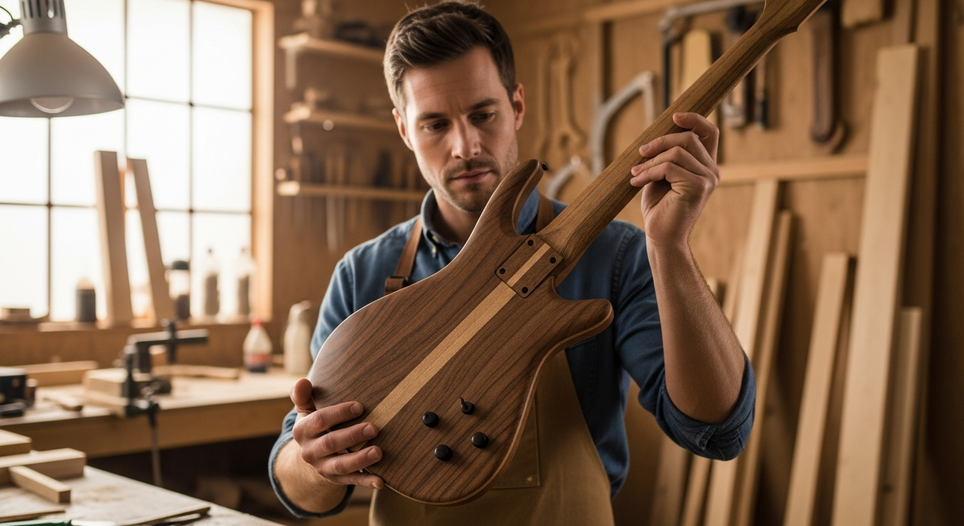 Un luthier examine un corps de guitare basse en bois de Bubinga dans son atelier.