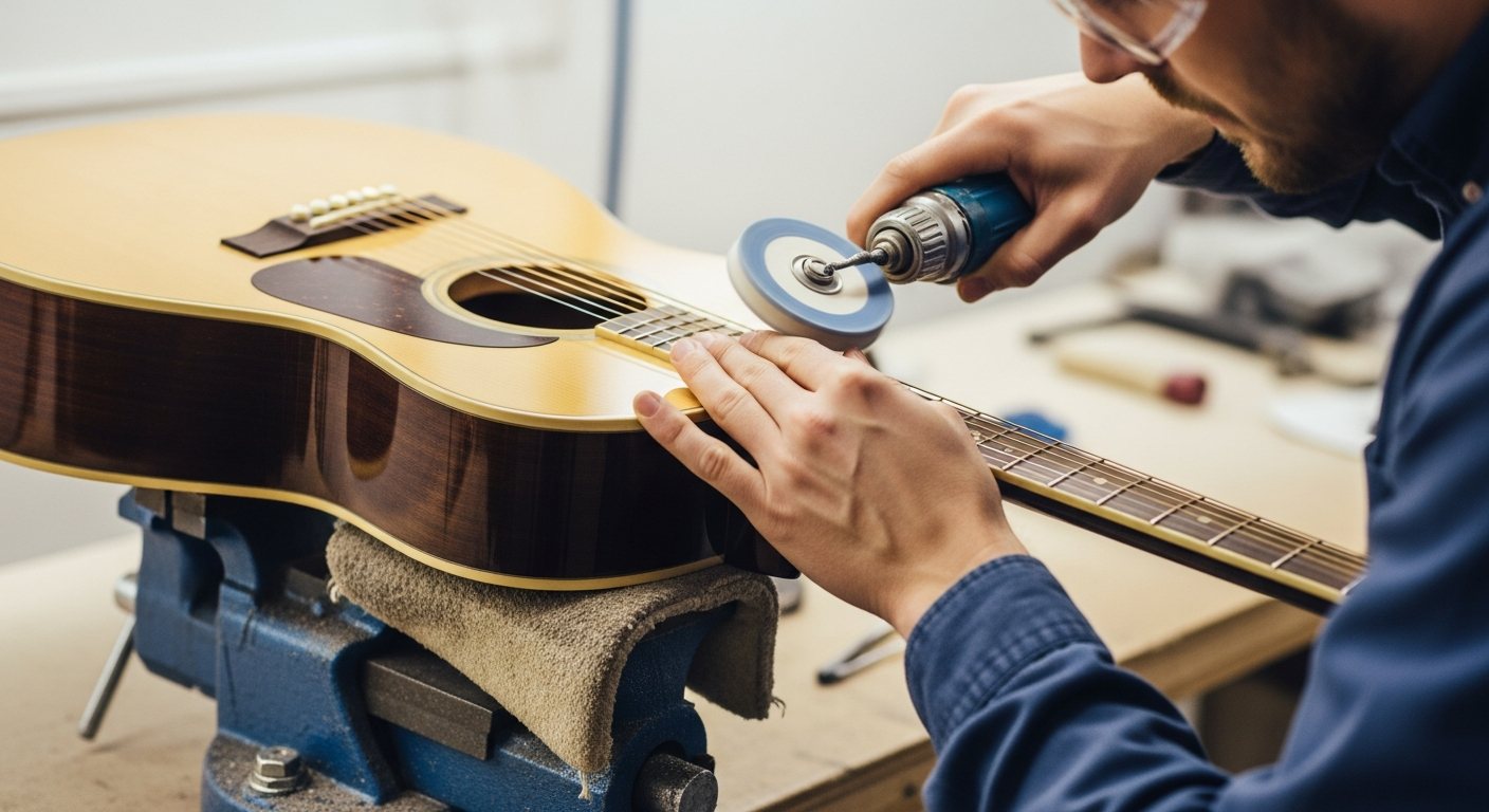 Un luthier polit la finition d'une guitare acoustique dans un atelier.