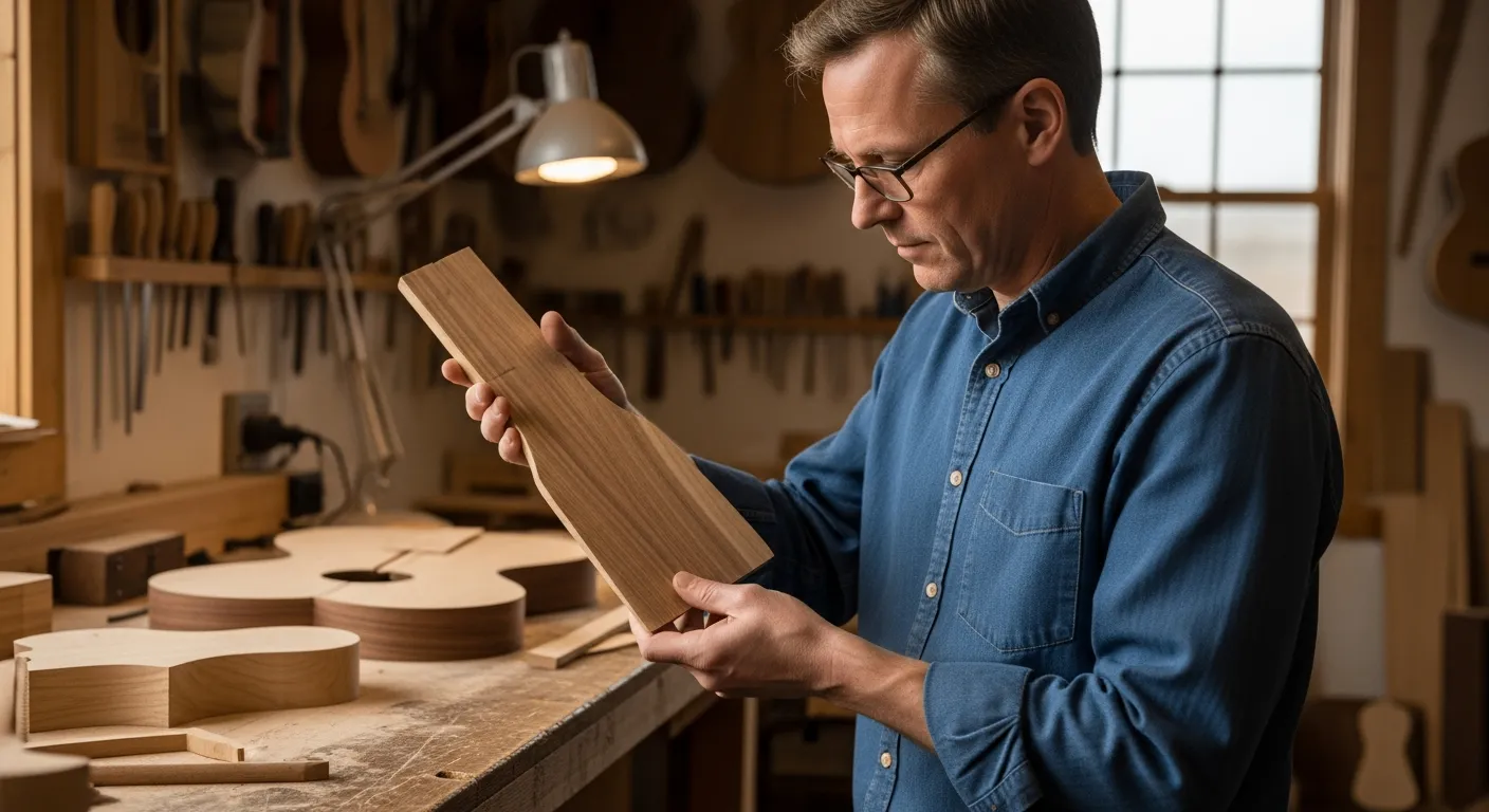 Un luthier examine une pièce de bois de butternut dans son atelier.