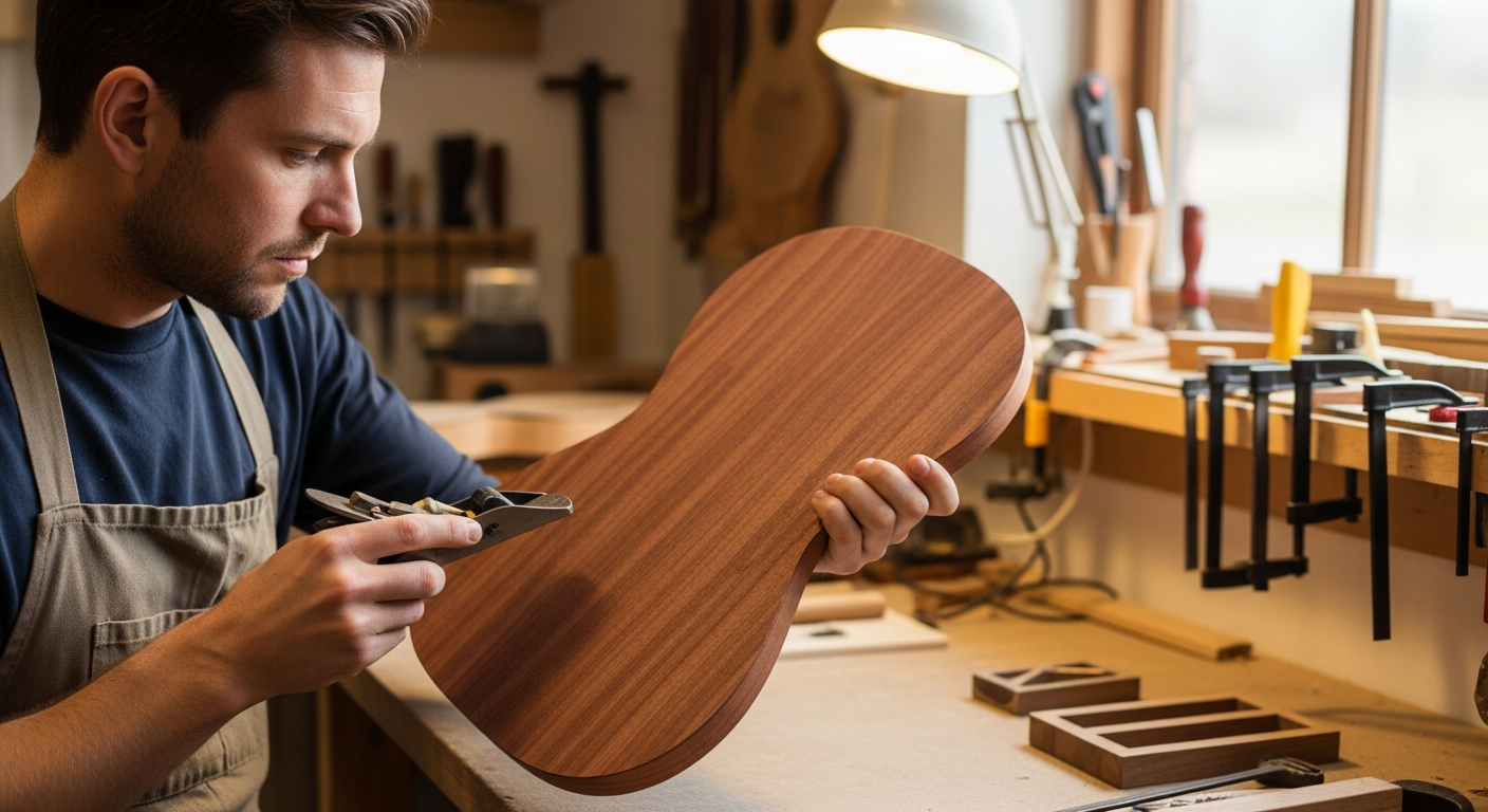 Un luthier examine attentivement une table d'harmonie en merisier dans un atelier.