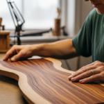 Un luthier examine attentivement un morceau de bois de cocobolo dans son atelier.