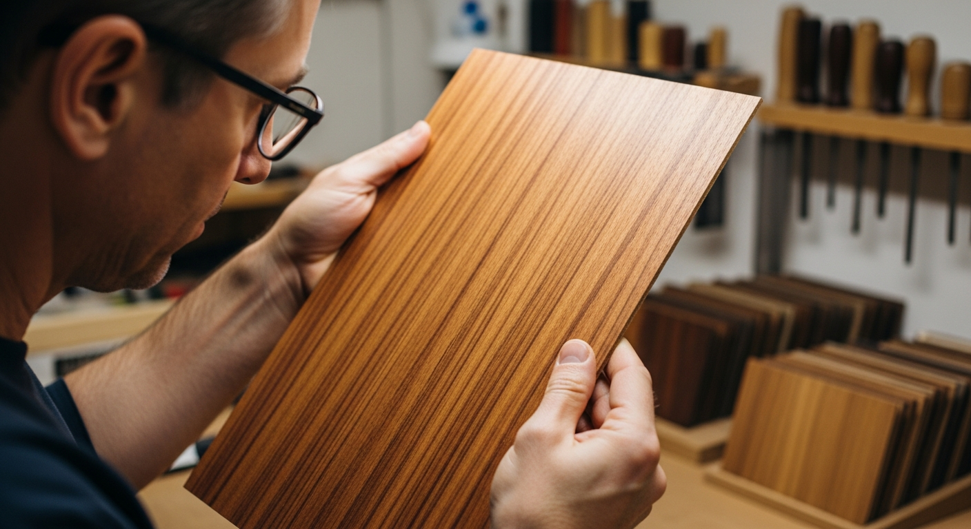 Un luthier examine attentivement une table d'harmonie en cocobolo dans un atelier.
