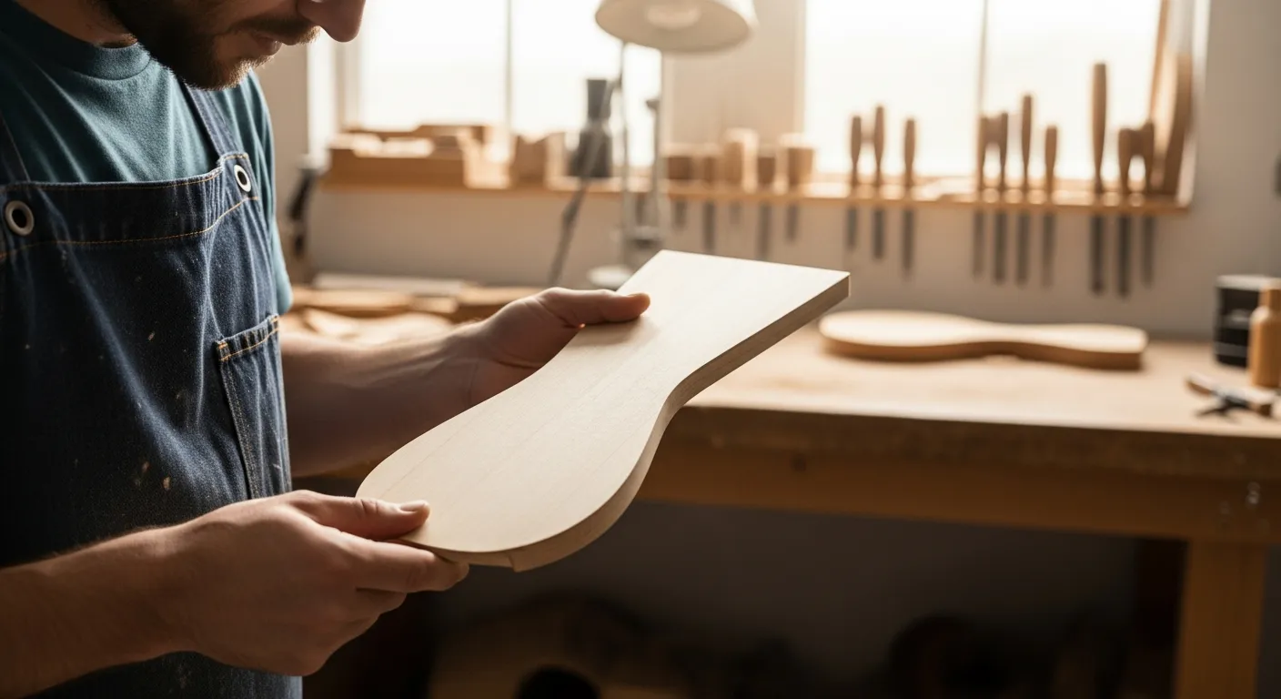 Un luthier examine attentivement un morceau de bois de résonance en peuplier dans son atelier.
