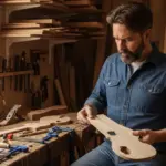 Un luthier examine attentivement un morceau de bois de résonance en peuplier dans son atelier.