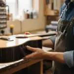 Un luthier examine attentivement la finition brillante d'une caisse de guitare acoustique dans un atelier de menuiserie.