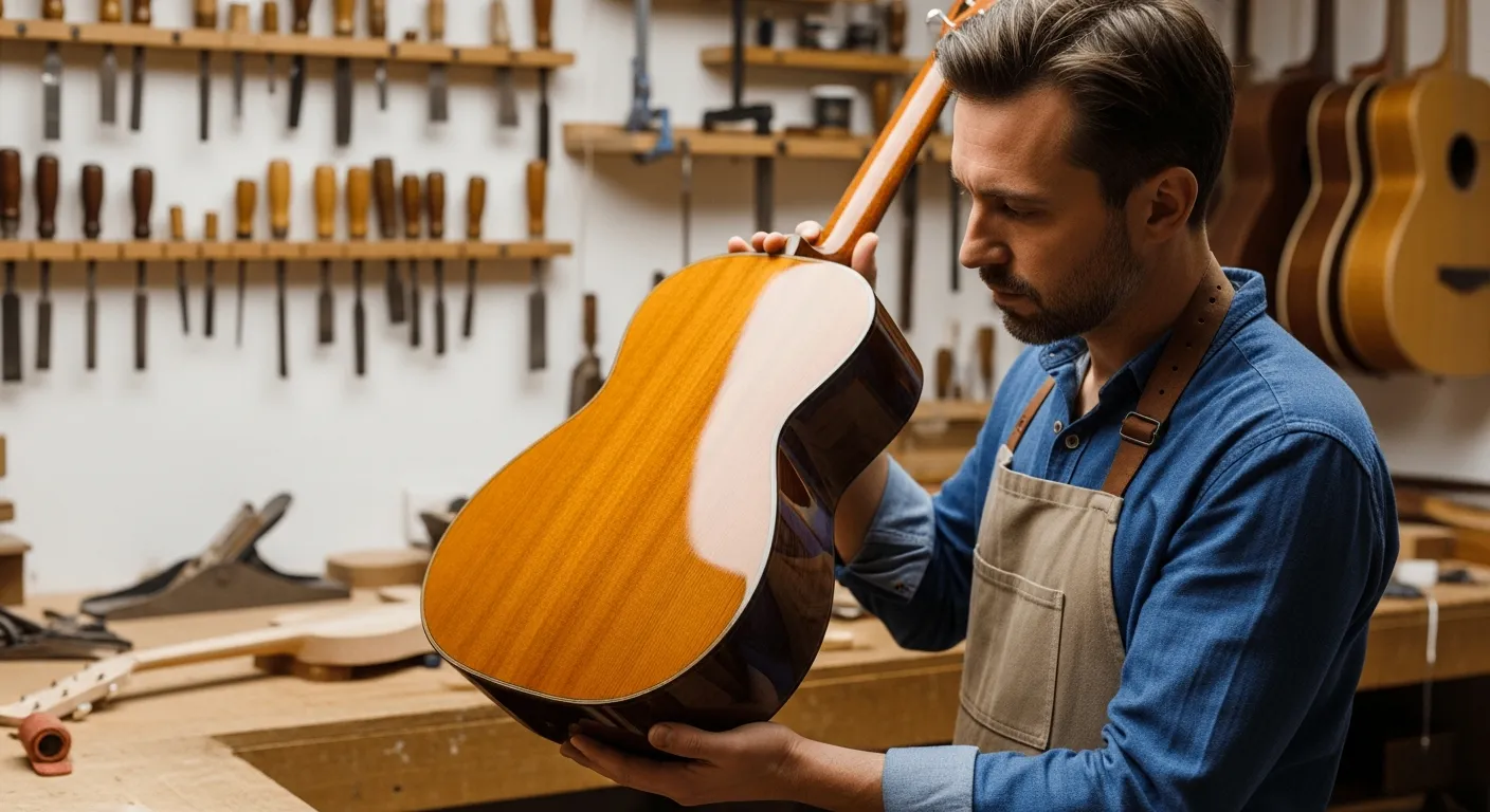 Un luthier inspecte attentivement le fini brillant d'une caisse de guitare acoustique dans un atelier bien éclairé.