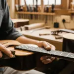 Um luthier lixa cuidadosamente uma escala de guitarra feita de madeira Goncalo Alves em sua oficina.