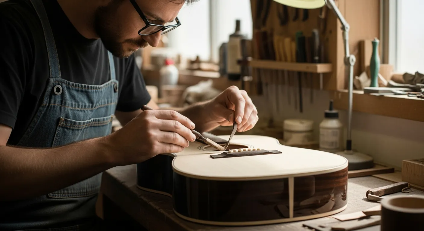 Un luthier aplica cuidadosamente un acabado a un cuerpo de guitarra acústica en su taller.