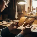 Un luthier examine deux échantillons de bois avec différentes finitions dans son atelier.