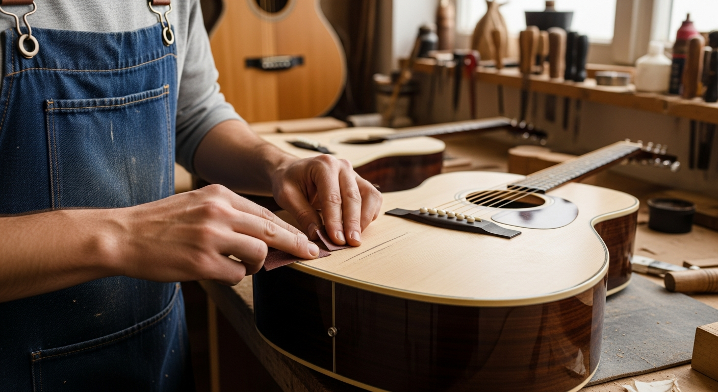 Un luthier répare la finition d'une guitare acoustique dans son atelier.