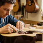 Un luthier répare la finition d'une guitare acoustique dans son atelier.
