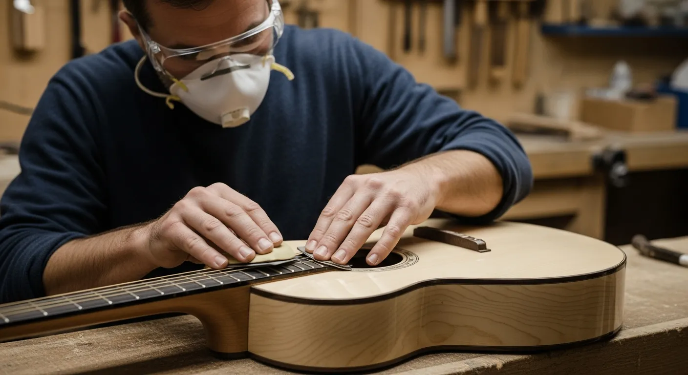 Un luthier ponce soigneusement le corps d'une guitare dans un atelier.