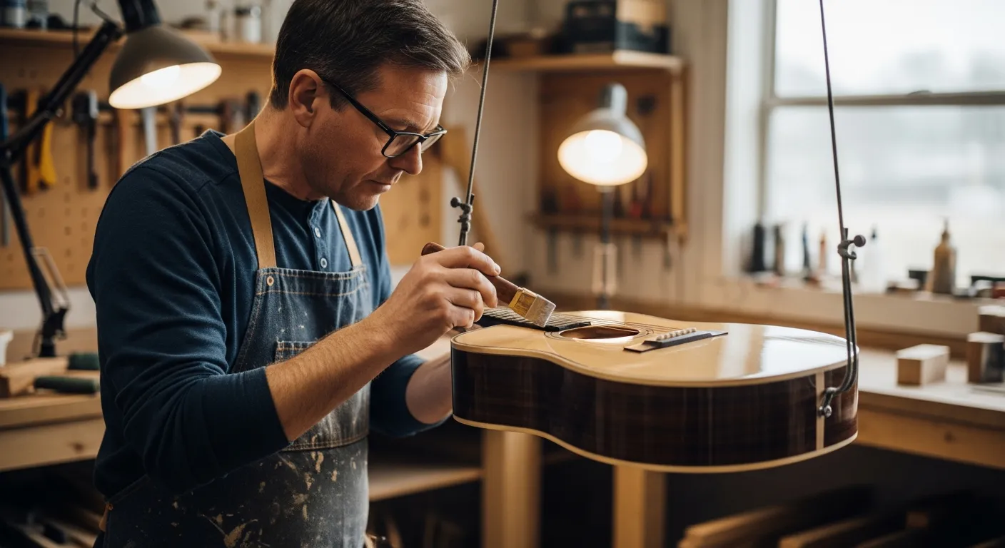 Un luthier aplica cuidadosamente un acabado transparente al cuerpo de una guitarra acústica en su taller.