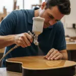 Un luthier aplica cuidadosamente un acabado transparente al cuerpo de una guitarra en su taller.