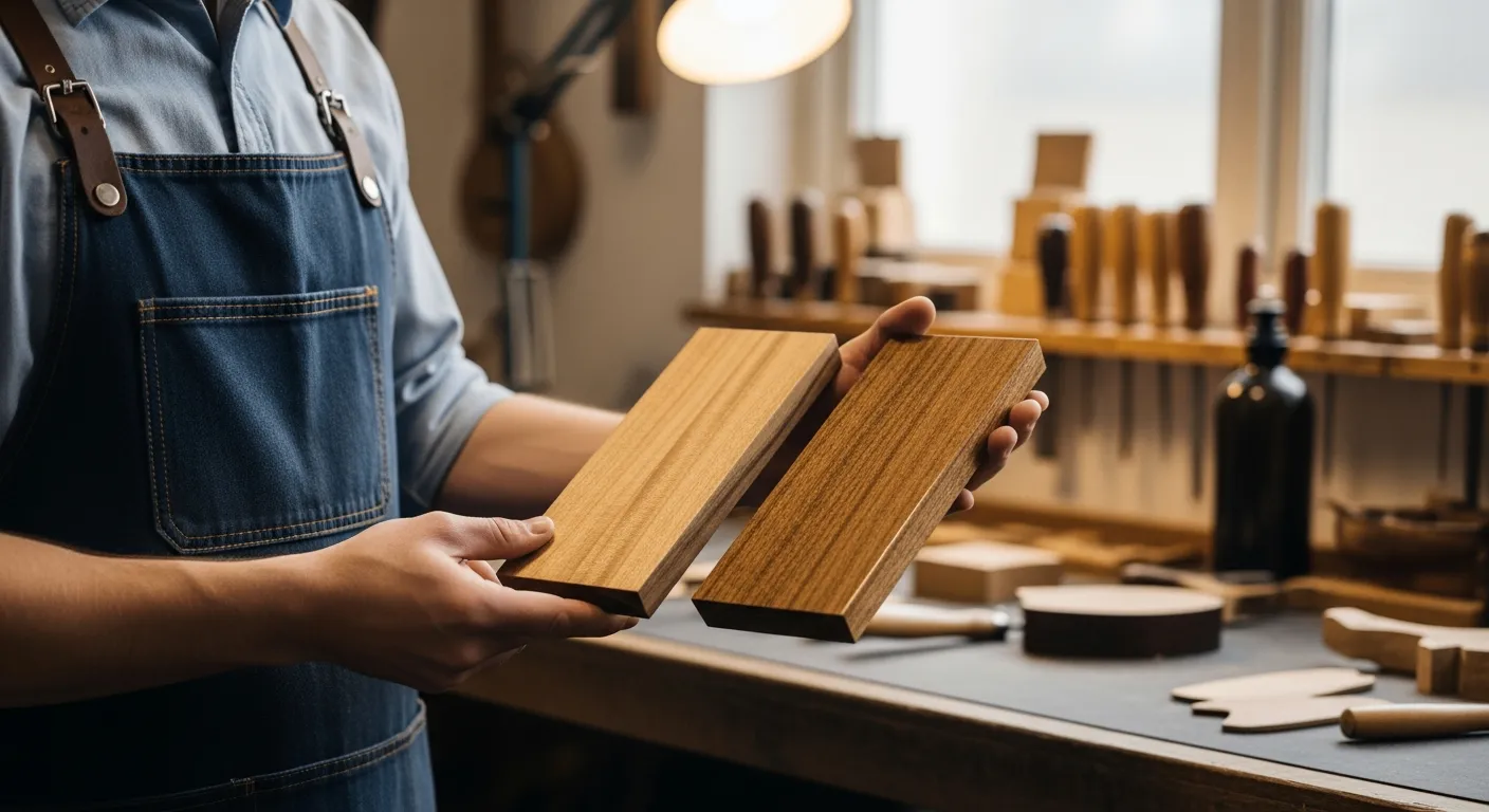 Un luthier examine attentivement deux échantillons de bois avec des finitions différentes dans son atelier.