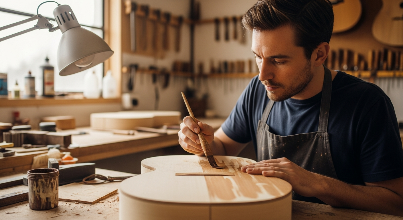 Un luthier applique soigneusement de la teinture sur le corps d'une guitare dans son atelier.