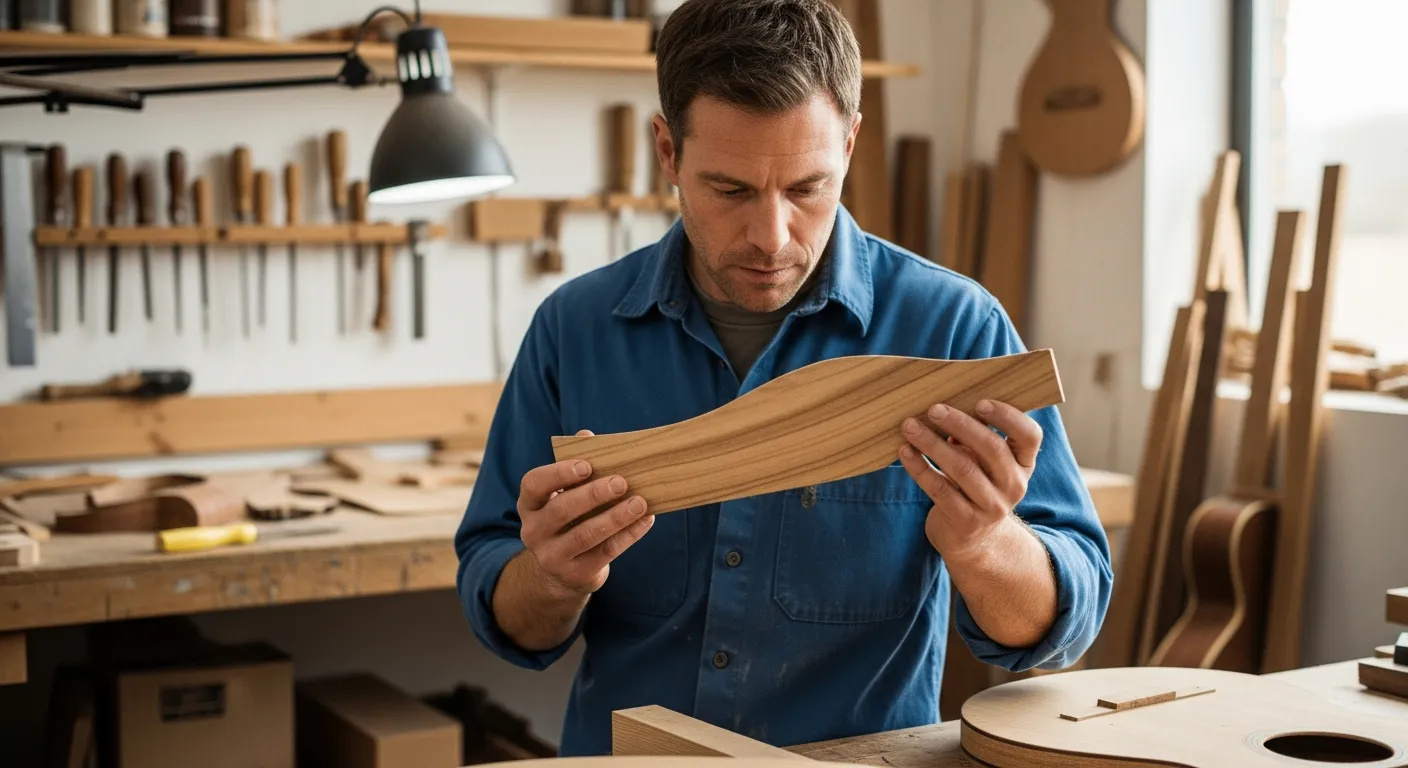 Un luthier examine attentivement un morceau de bois d'hickory dans un atelier de lutherie.