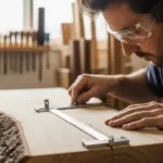 Un luthier examine attentivement un morceau de bois d'hickory dans un atelier bien éclairé.