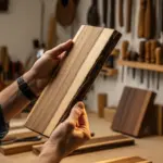 Un luthier examine attentivement un morceau de bois de fer dans son atelier.