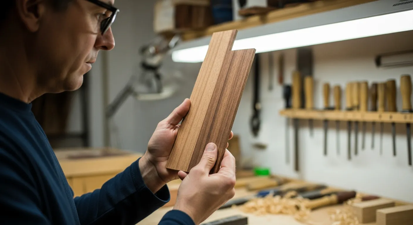 Un luthier examine attentivement une pièce de bois de tonalité en bois de fer dans un atelier.