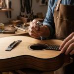 Un luthier examine attentivement une table d'harmonie en bois de dentelle dans son atelier.