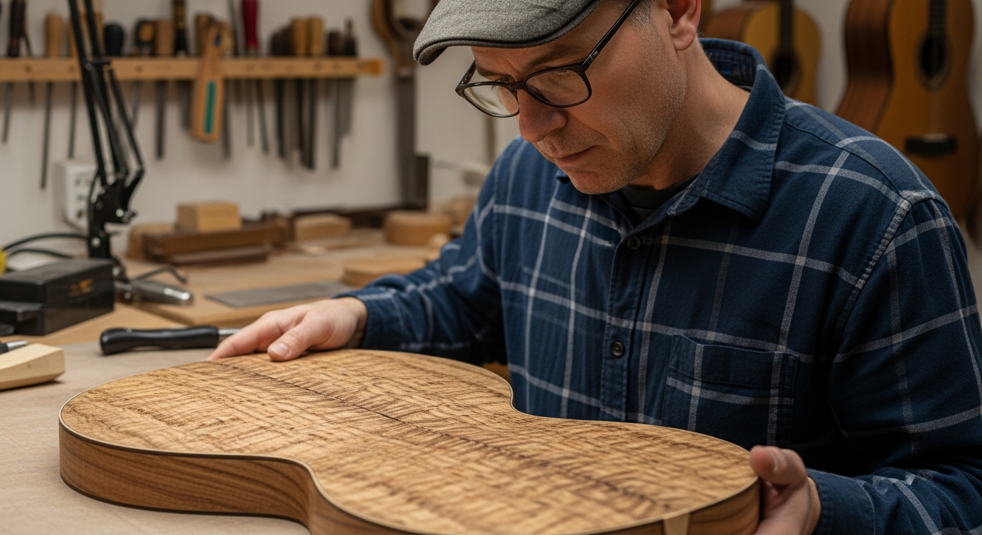 Un luthier examine attentivement une table d'harmonie en bois de dentelle pour guitare.