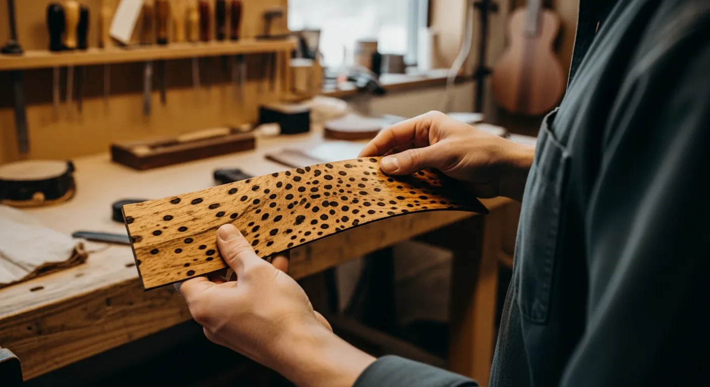 Un luthier examine attentivement un morceau de bois de léopard dans son atelier.
