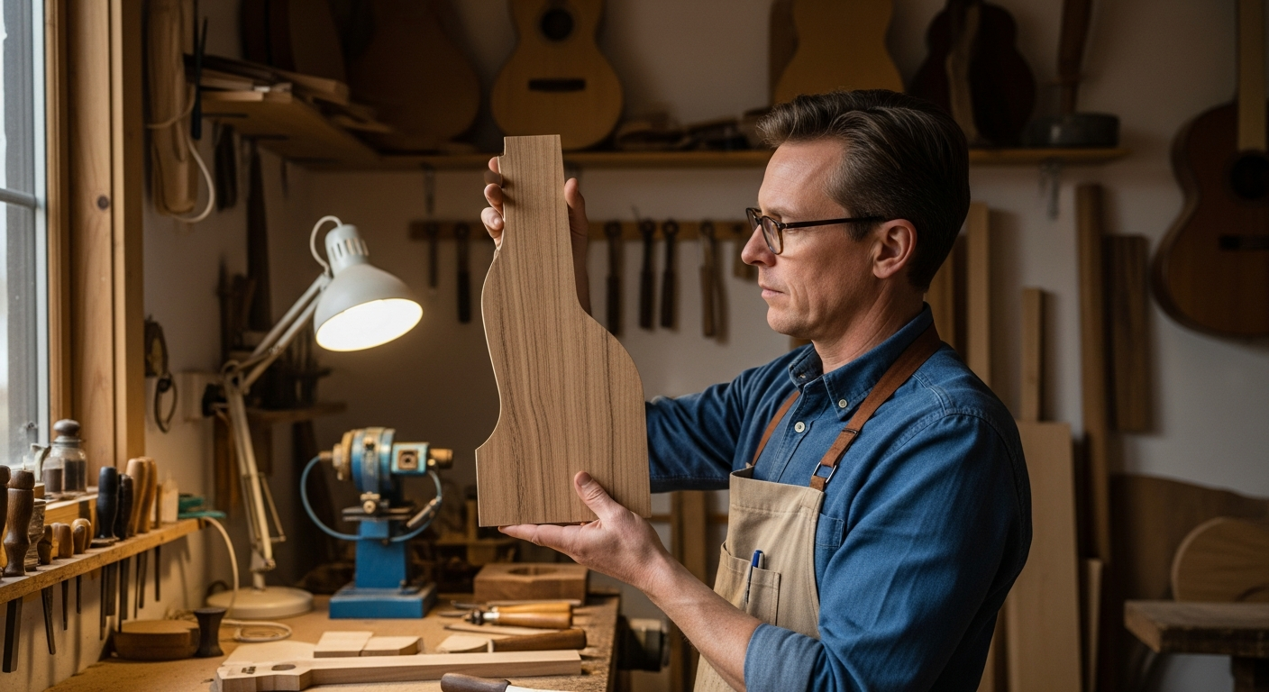 Un luthier examine attentivement un morceau de bois de locust dans son atelier.