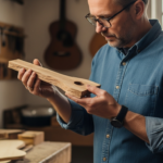 Un luthier examine attentivement un morceau de bois de locustier dans son atelier.