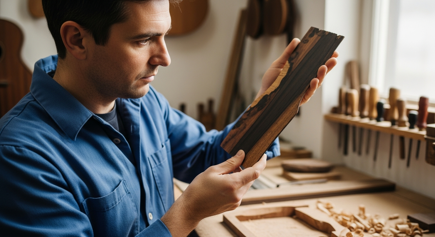 Um luthier examina um pedaço de ébano Macassar em sua oficina.