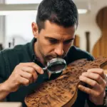 Un luthier examine une pièce de bois d'ébène de Macassar avec une loupe.