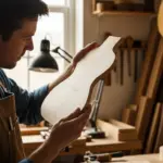 Un luthier examine attentivement une pièce d'érable ondé dans son atelier.