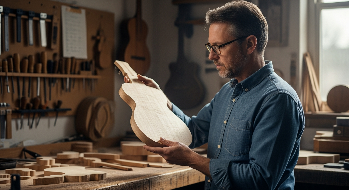 Un luthier examine une pièce d'érable ondé dans son atelier.