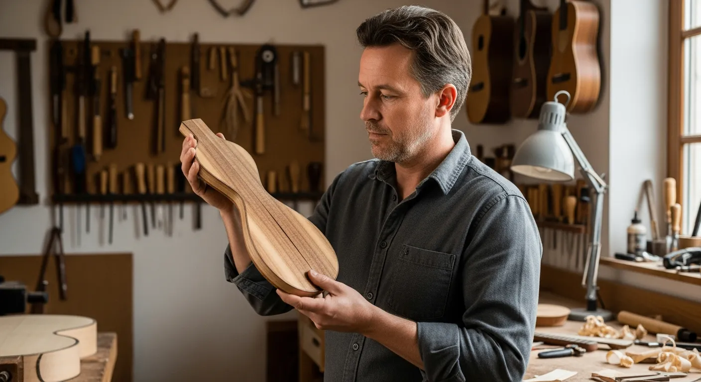 Un luthier examine attentivement une pièce de bois de Movingui dans son atelier.