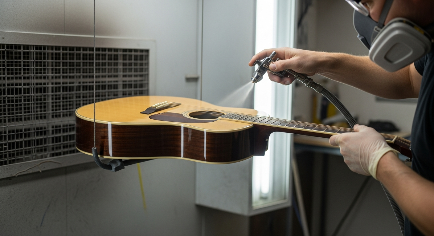 Un luthier applique délicatement une couche de laque nitrocellulosique sur le corps d'une guitare acoustique dans un atelier.