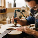Un luthier aplica cuidadosamente laca de nitrocelulosa al cuerpo de una guitarra acústica en su taller.