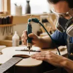 Un luthier aplica cuidadosamente laca de nitrocelulosa al cuerpo de una guitarra acústica en su taller.