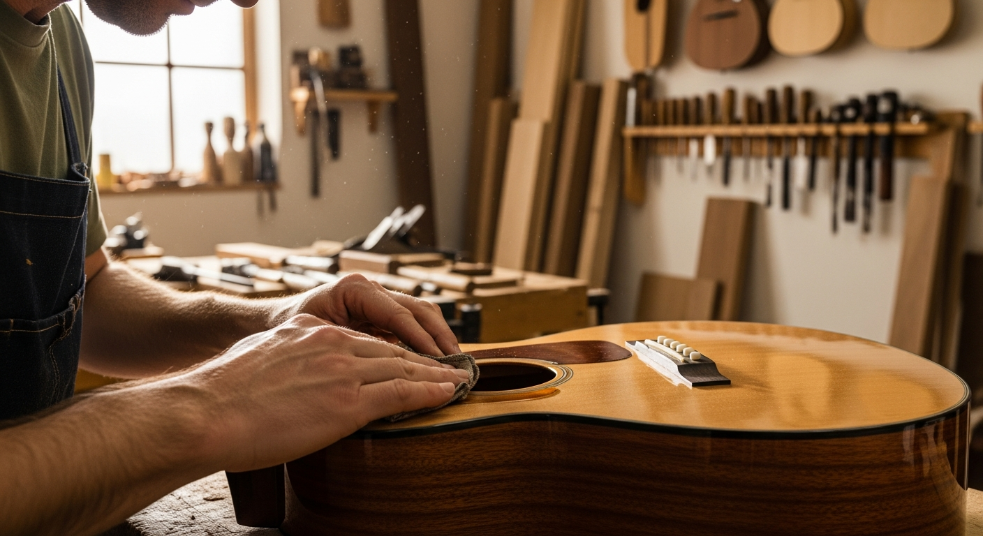 Hombre aplicando un acabado a base de aceite a una guitarra acústica en un taller.